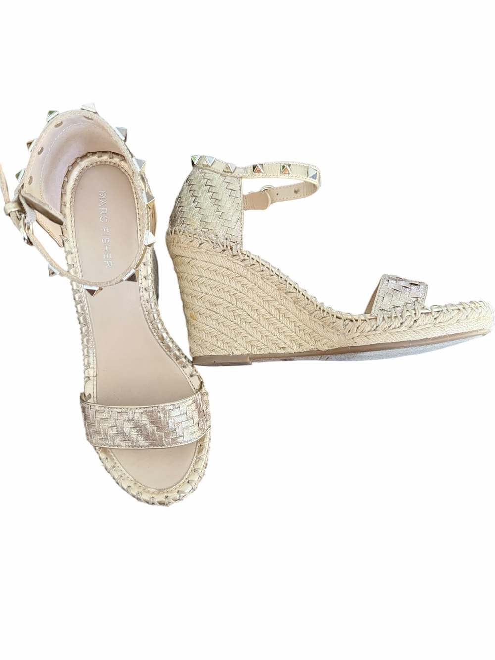 Marc Fisher Metallic Gold Woven Espadrille Wedge Sandals with Stud Ankle Strap